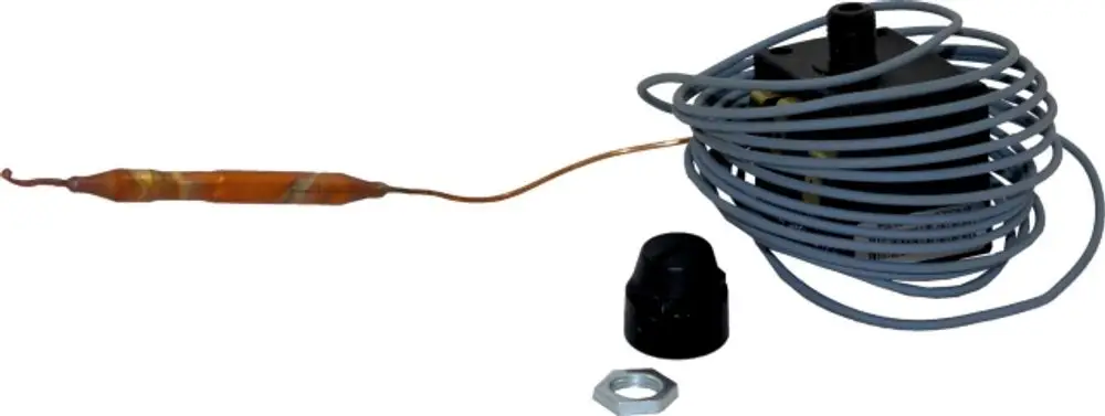 Wolfs Sicherheitstemperaturbegrenzer mit einem umwickelten Kabel und einer Anschlussklemme, geeignet für Regelungsanwendungen.